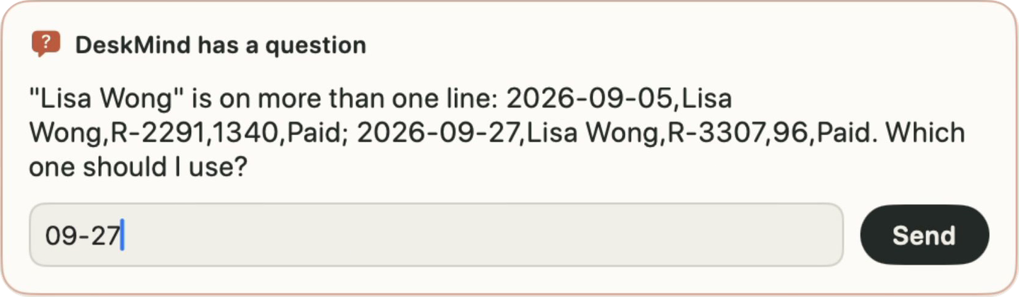 DeskMind 的提问框：“Lisa Wong” 出现在两行里，问用哪一笔，回答框里填着 09-27。
